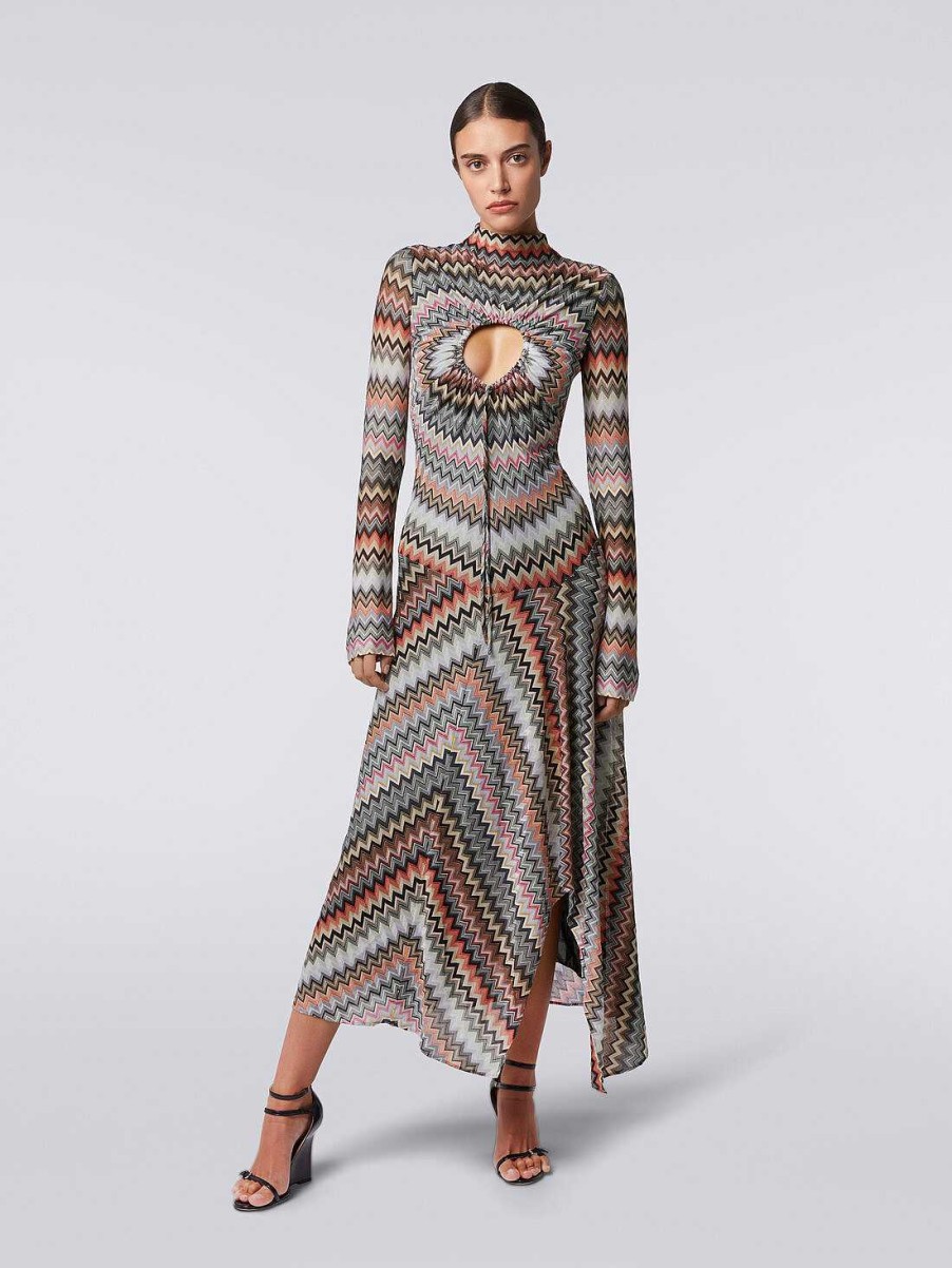 Donne Missoni Vestiti | Abito Lungo In Viscosa E Cotone A Zig Zag Con Dettaglio Cut-Out E Spacco Multicolore