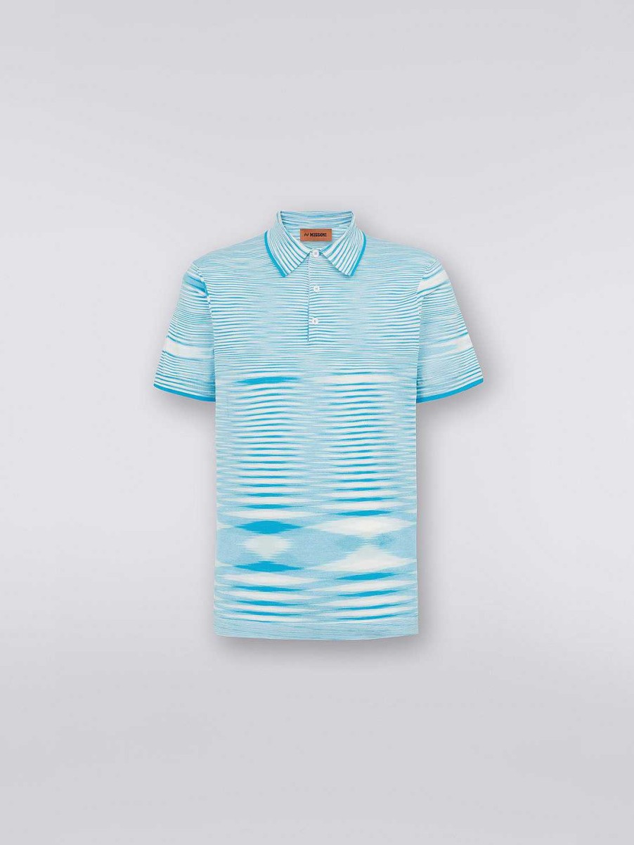 Uomini Missoni Polo E Magliette | Polo In Cotone Fiammato Bianco, Blu Navy E Azzurro Cielo