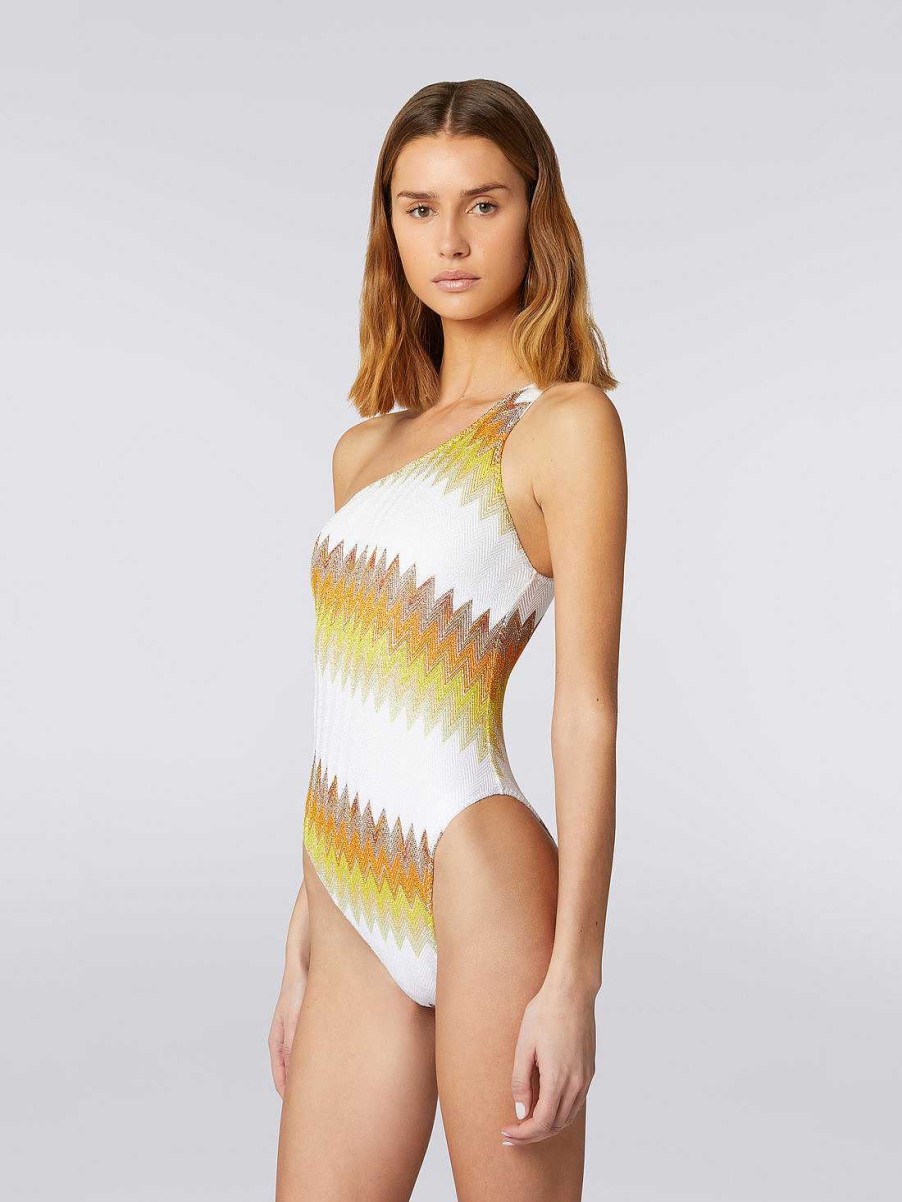 Donne Missoni Costumi Da Bagno | Costume Intero Monospalla Chevron Con Lame Bianco, Giallo E Ocra