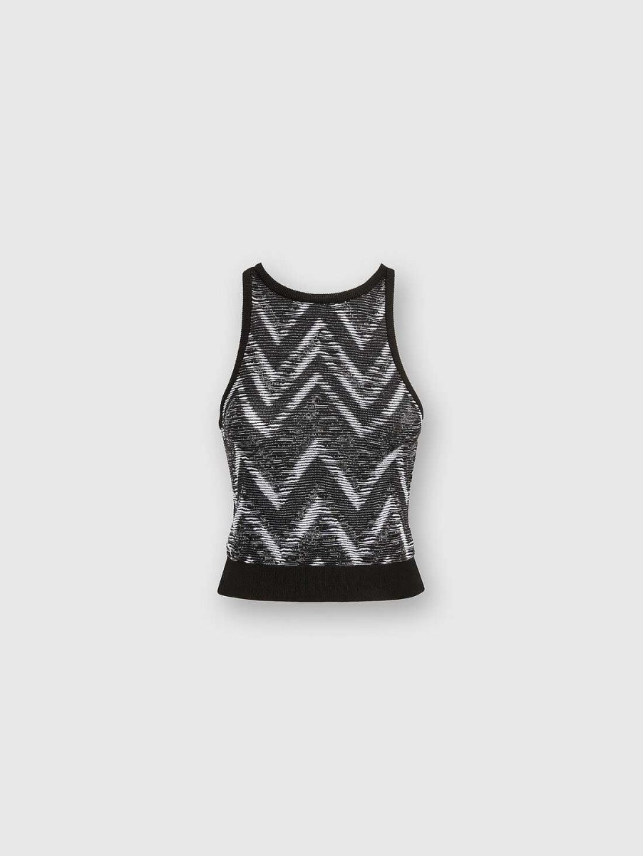 Donne Missoni Vestiario | Top In Maglia Chevron Con Logo Nero Bianco