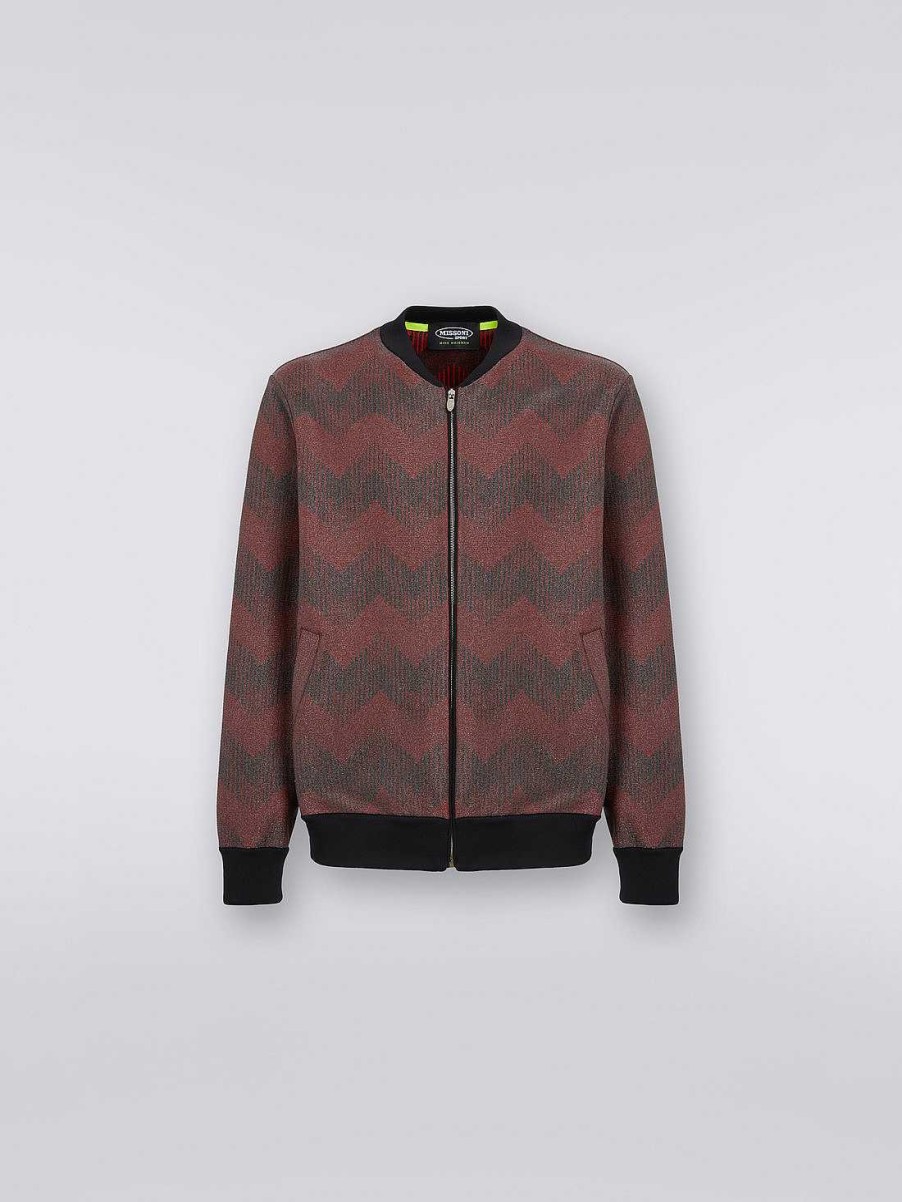 Uomini Missoni Vestiario | Bomber In Misto Cotone A Zigzag In Collaborazione Con Mike Maignan Nero Rosso