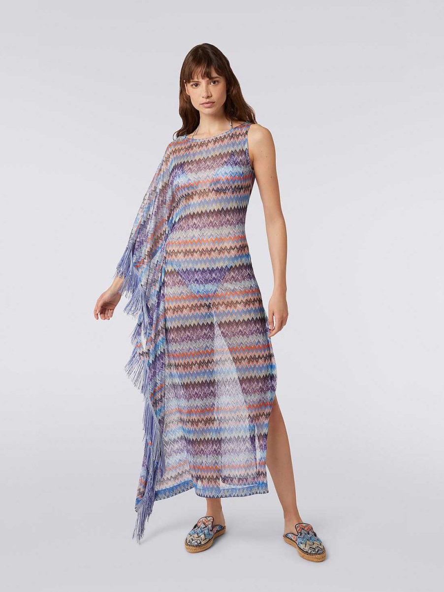 Donne Missoni Abbigliamento Da Spiaggia | Copricostume Lungo In Tulle Di Viscosa Chevron Con Nappine Chevron Ombra Blu