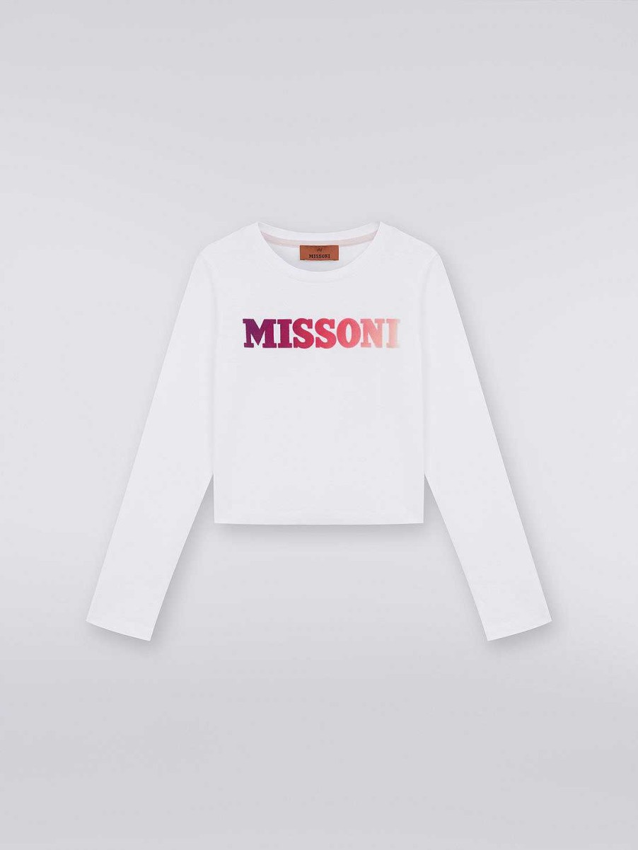 Ragazza (4-14 Anni) Missoni | Maglia In Cotone A Maniche Lunghe Con Logo Degrade Bianco