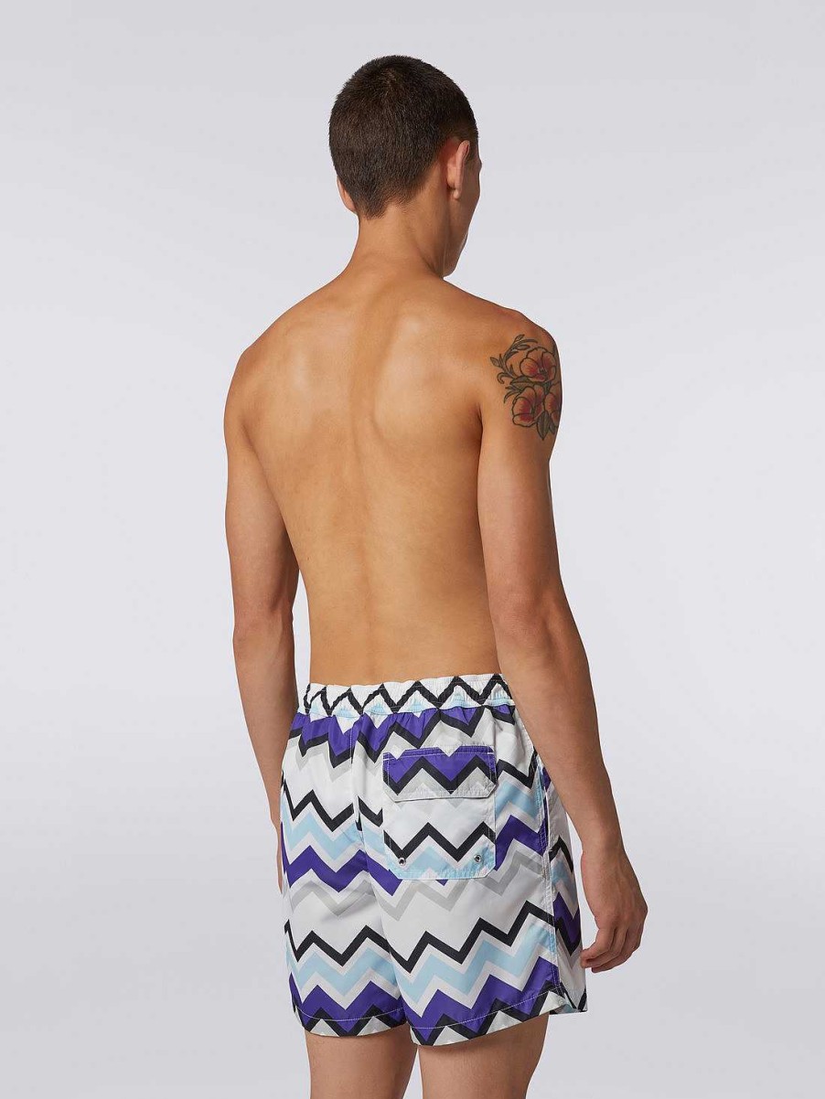 Uomini Missoni Costume Da Bagno | Boxer Da Bagno In Misto Nylon Con Grande Stampa A Zigzag Blu, Grigio E Bianco