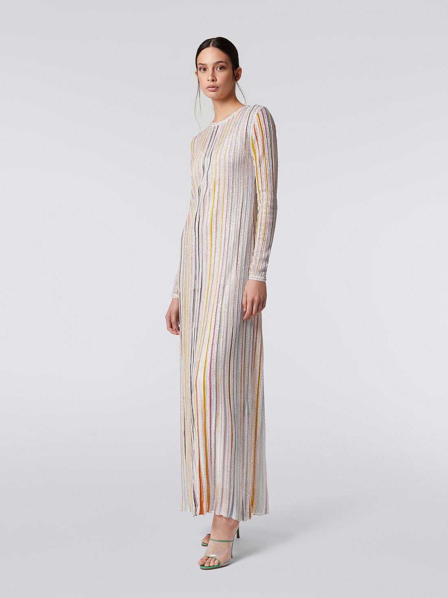 Donne Missoni Vestiti | Abito Lungo Plissettato Con Paillettes Bianco E Multicolore