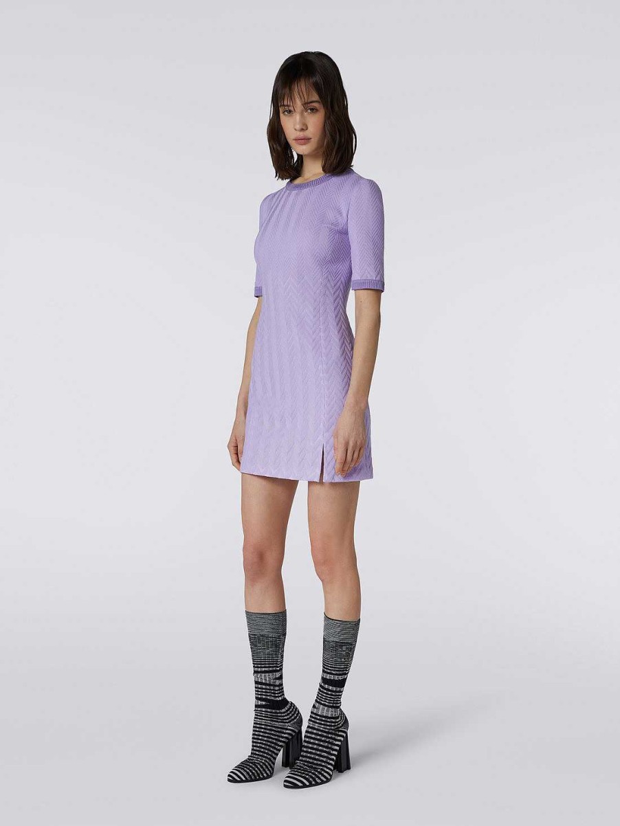 Donne Missoni Vestiti | Mini Abito In Maglia Raschel Di Cotone E Viscosa Con Motivo Zigzag Viola