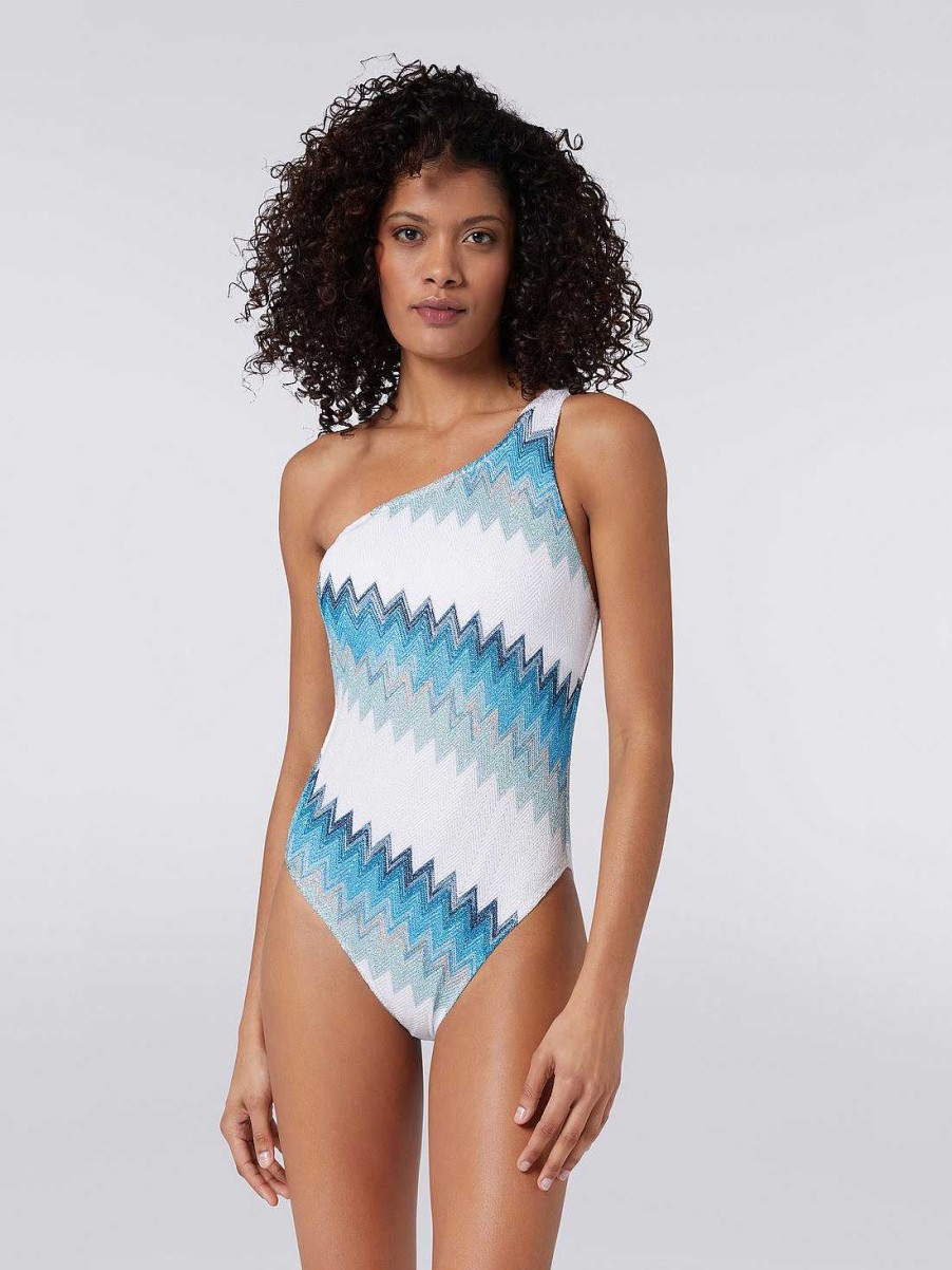 Donne Missoni Costumi Da Bagno | Costume Intero Monospalla Chevron Con Lame Bianco, Blu E Azzurro