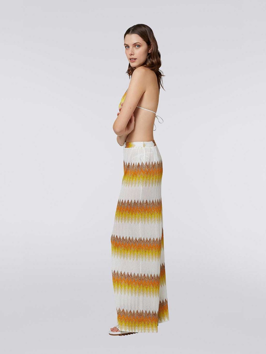 Donne Missoni Abbigliamento Da Spiaggia | Pantalone Copricostume Palazzo Lame A Zig Zag Bianco, Giallo E Ocra