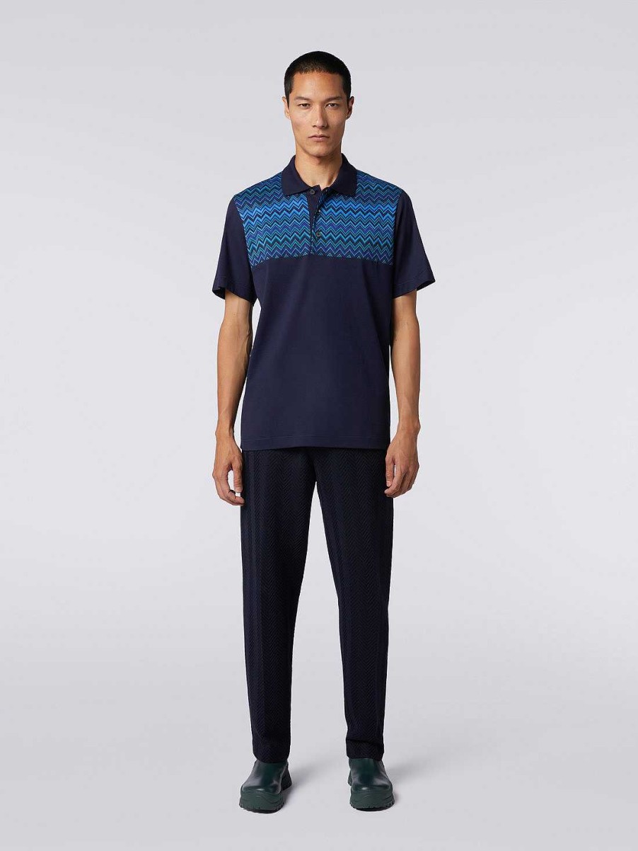 Uomini Missoni Polo E Magliette | Polo In Jersey Di Cotone A Maniche Corte Con Inserti A Zigzag Blu