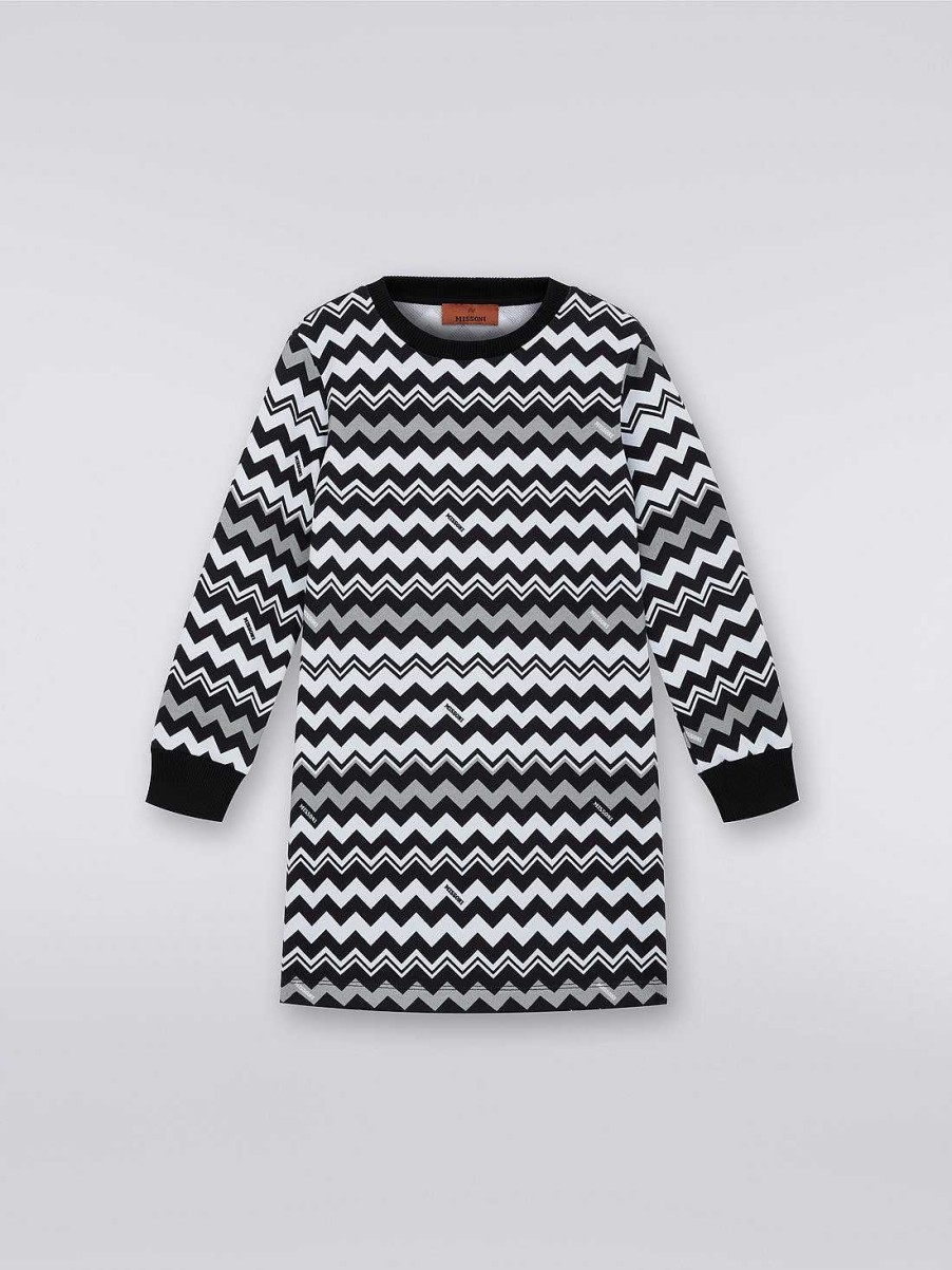 Ragazza (4-14 Anni) Missoni | Abito In Cotone A Maniche Corte Con Inserti A Zigzag E Logo Multicolore