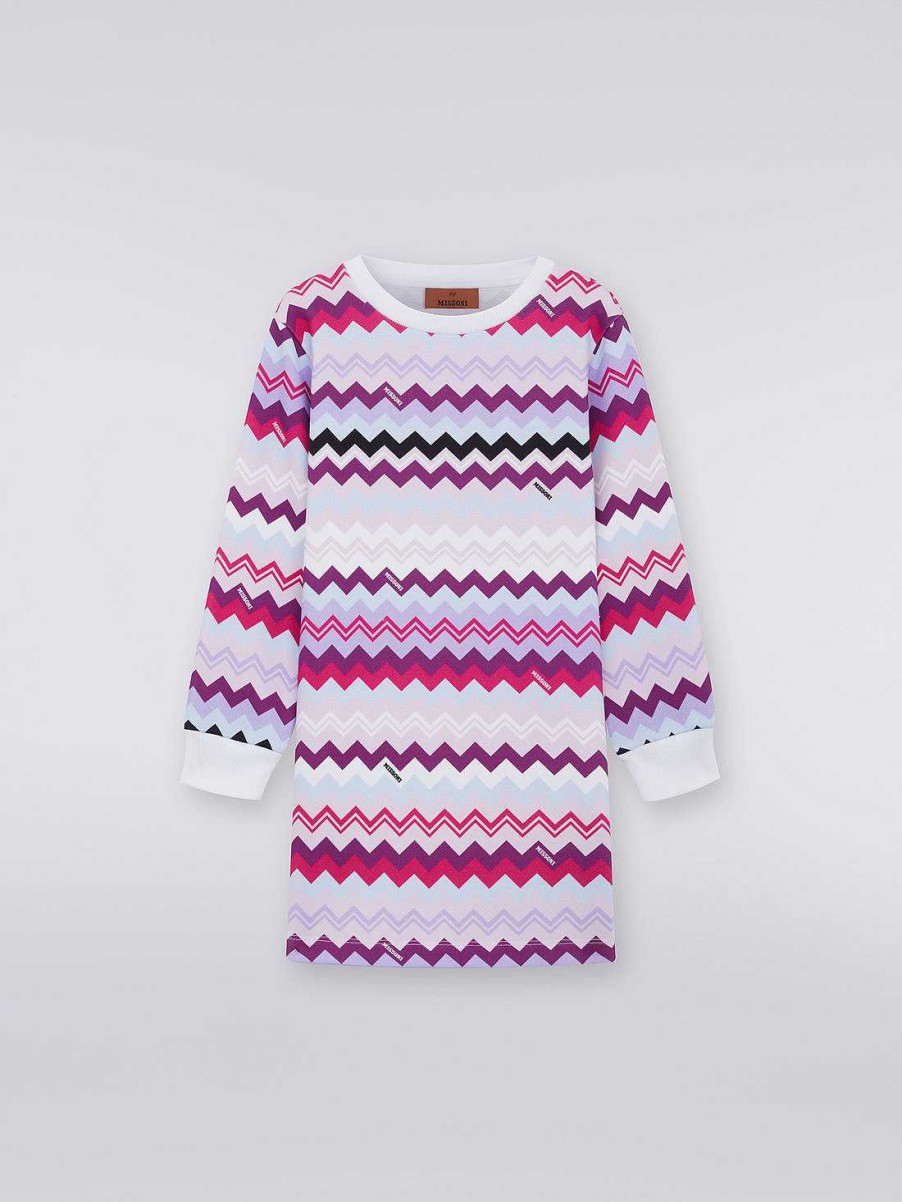 Ragazza (4-14 Anni) Missoni | Abito In Cotone A Maniche Lunghe Con Zig Zag Multicolore