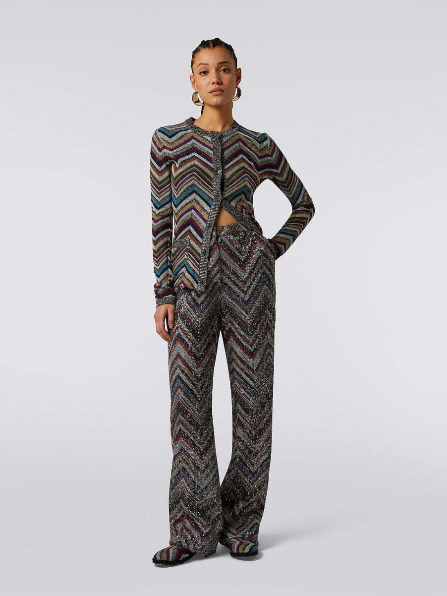 Donne Missoni Pantaloni | Pantaloni In Misto Viscosa A Zig Zag Con Paillettes Multicolore