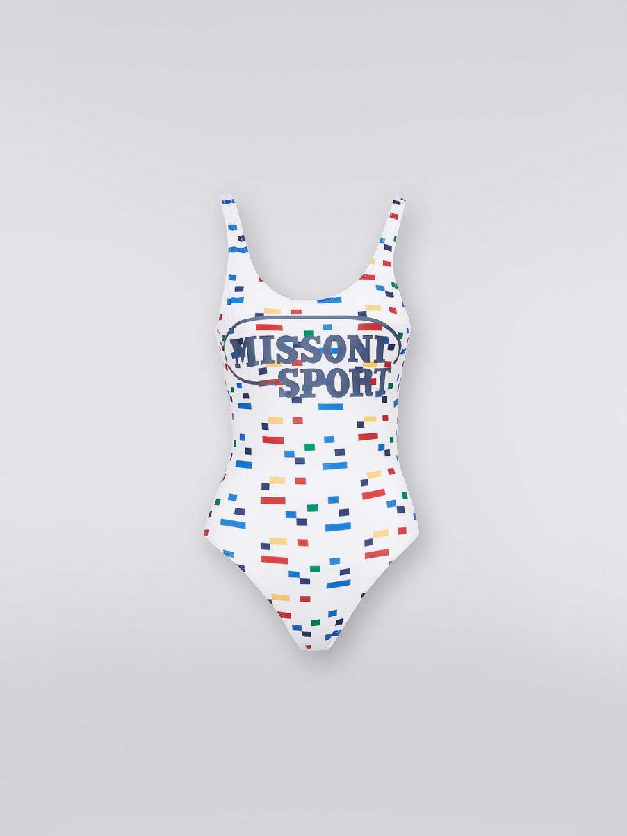 Donne Missoni Costumi Da Bagno | Costume Intero Sportivo Con Stampa Pixel Patrimonio Bianco E Multicolore