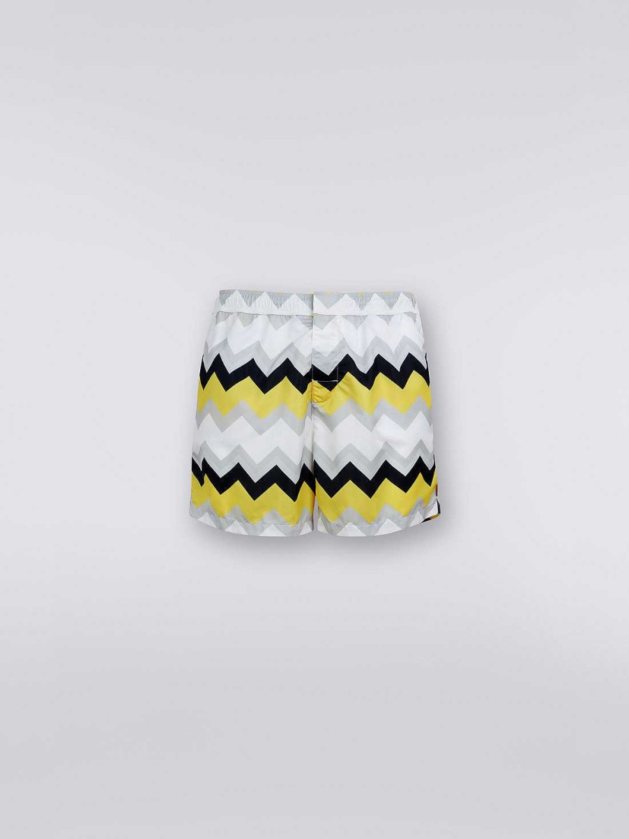 Uomini Missoni Costume Da Bagno | Boxer Da Bagno In Misto Nylon Con Grande Stampa A Zigzag Bianco, Giallo E Grigio