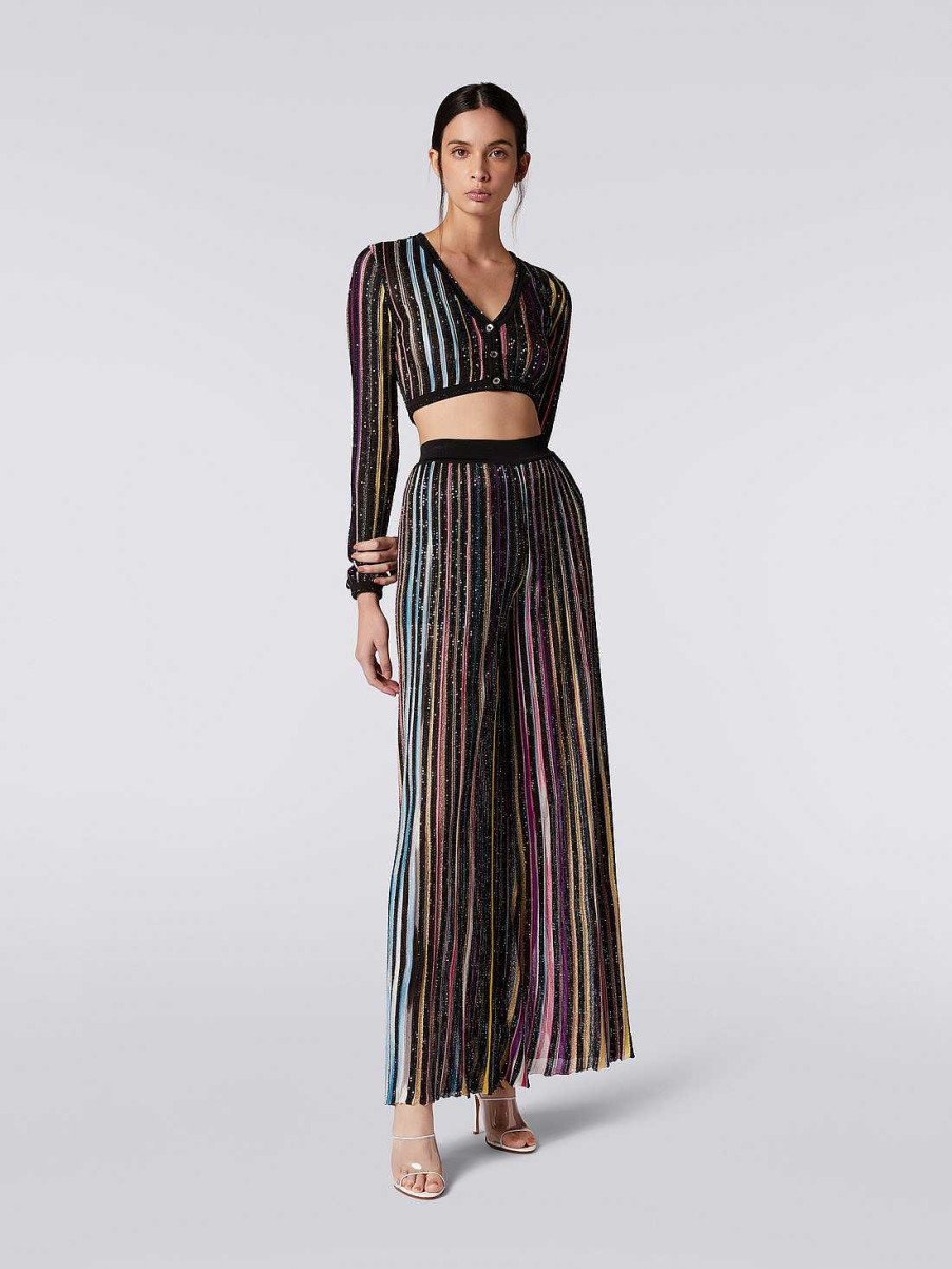 Donne Missoni Pantaloni | Pantaloni Palazzo A Righe Con Paillettes Nero E Multicolore