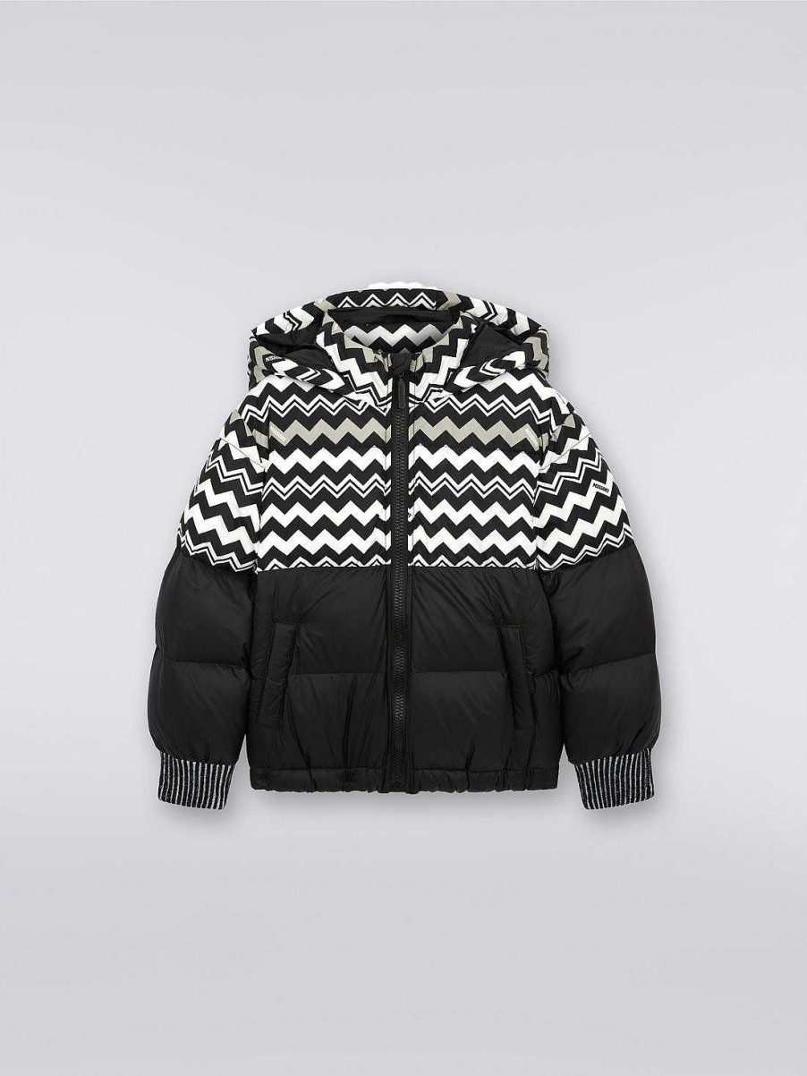 Ragazzo (4-14 Anni) Missoni | Giubbotto In Nylon Con Cappuccio E Inserti A Zigzag Nero Bianco