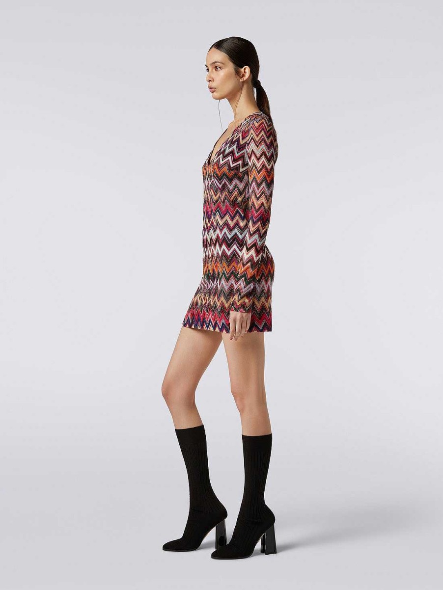 Donne Missoni Vestiti | Miniabito In Chevron Di Viscosa Lame Con Scollo A V Multicolore