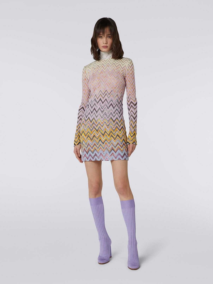 Donne Missoni Vestiti | Miniabito A Collo Alto In Lana E Viscosa A Zig Zag Multicolore