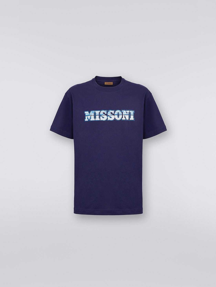 Uomini Missoni Polo E Magliette | T-Shirt Girocollo In Jersey Di Cotone Con Stampa Logo Blu