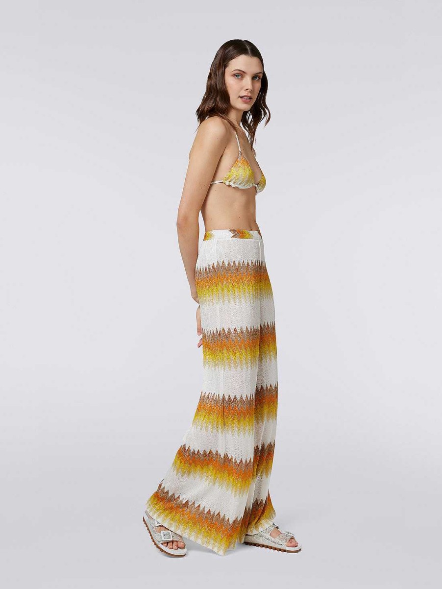 Donne Missoni Abbigliamento Da Spiaggia | Pantalone Copricostume Palazzo Lame A Zig Zag Bianco, Giallo E Ocra